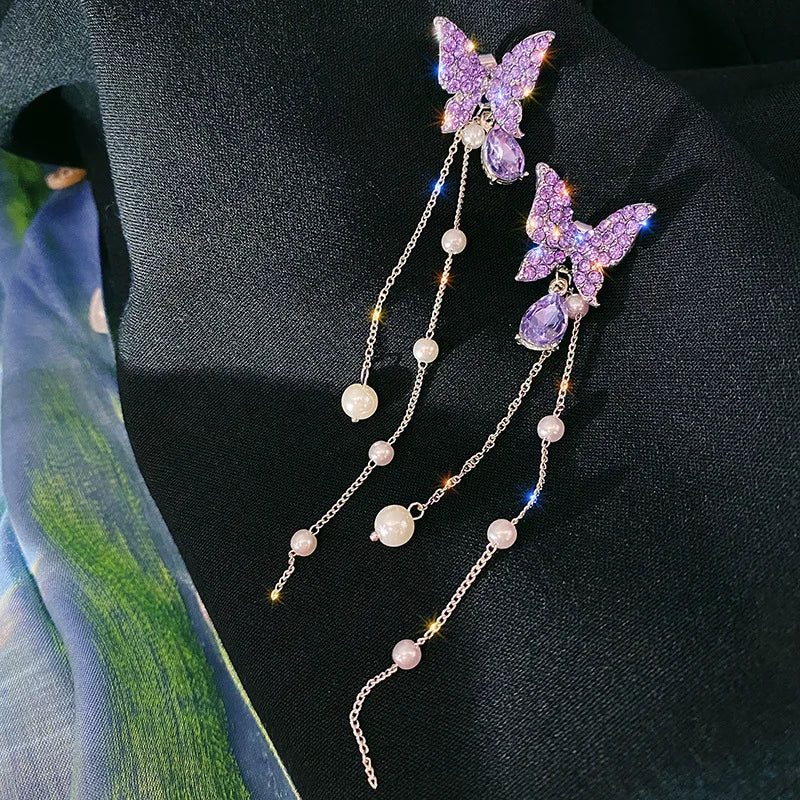 Purple Butterfly Pearl Tassel Earrings
