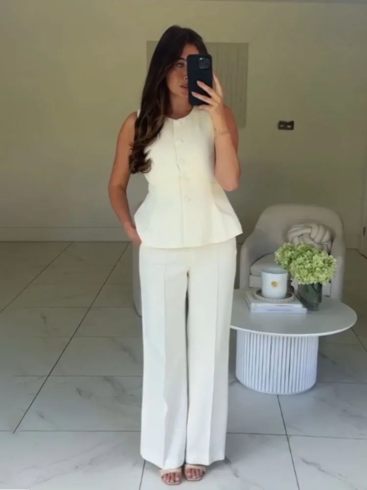 Sleeveless Button Top & Straight Pants Set
