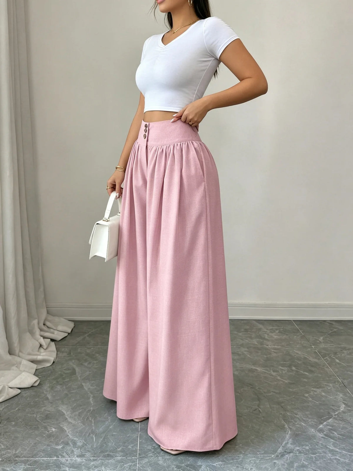 3-Button High Waist Wide-Leg Pants