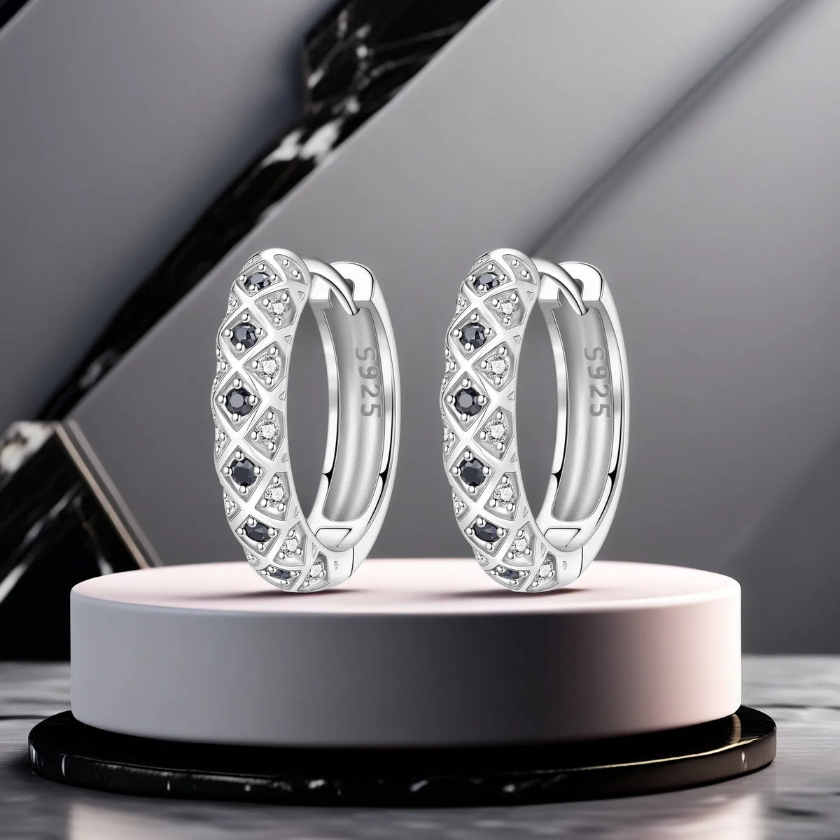 925 Silver Black & White Checkered Hoops