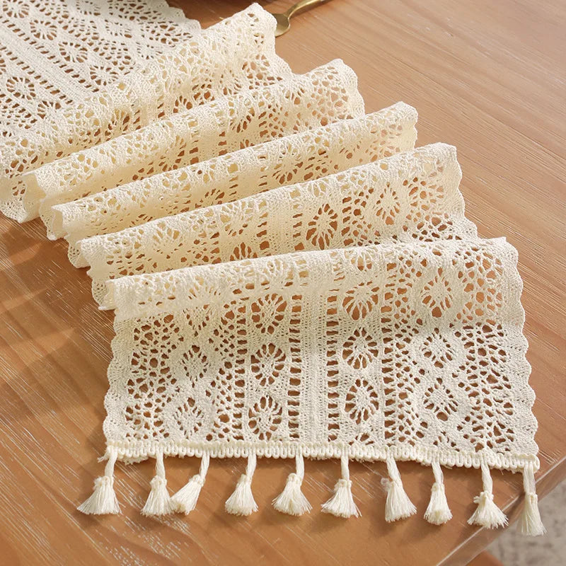 Beige Crochet Lace Table Runner