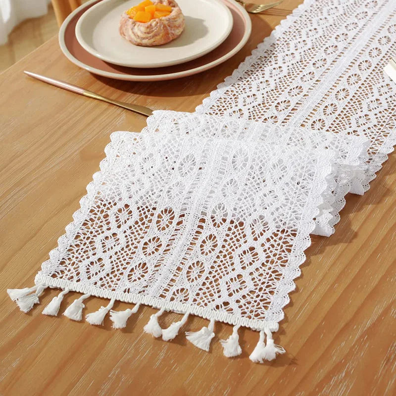 Beige Crochet Lace Table Runner