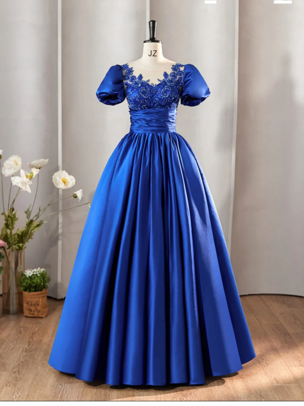 Puff Sleeve Applique Ball Gown
