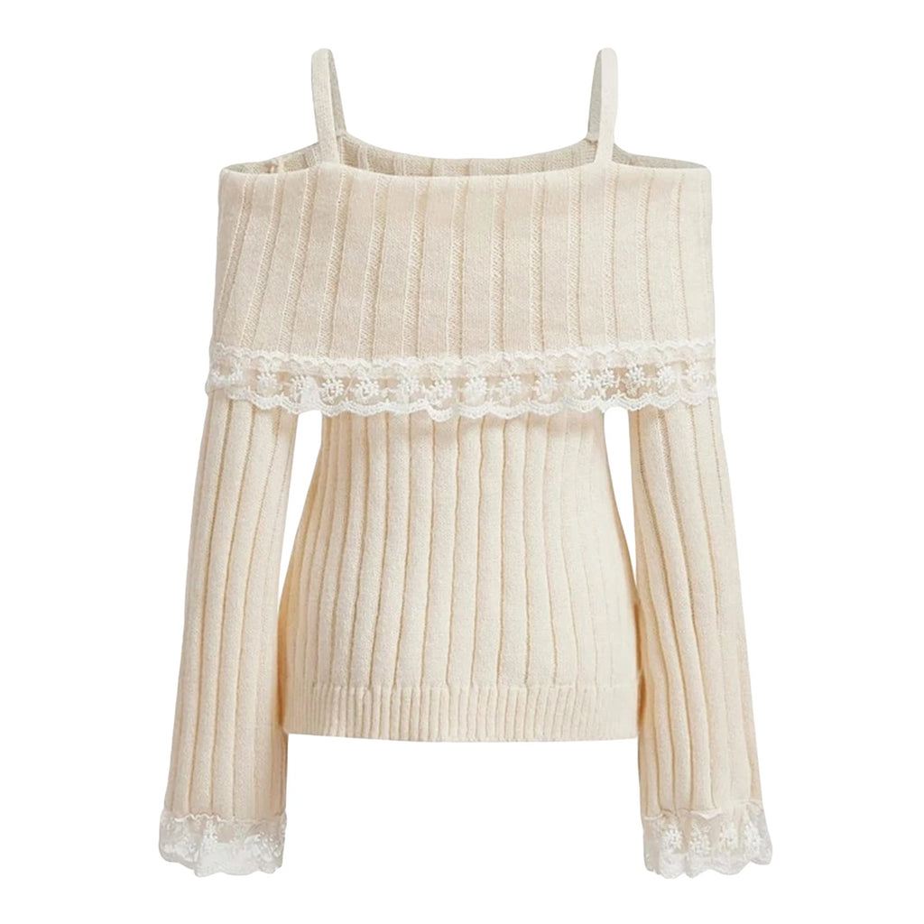 Off-Shoulder Bow Lace Knit Sweater
