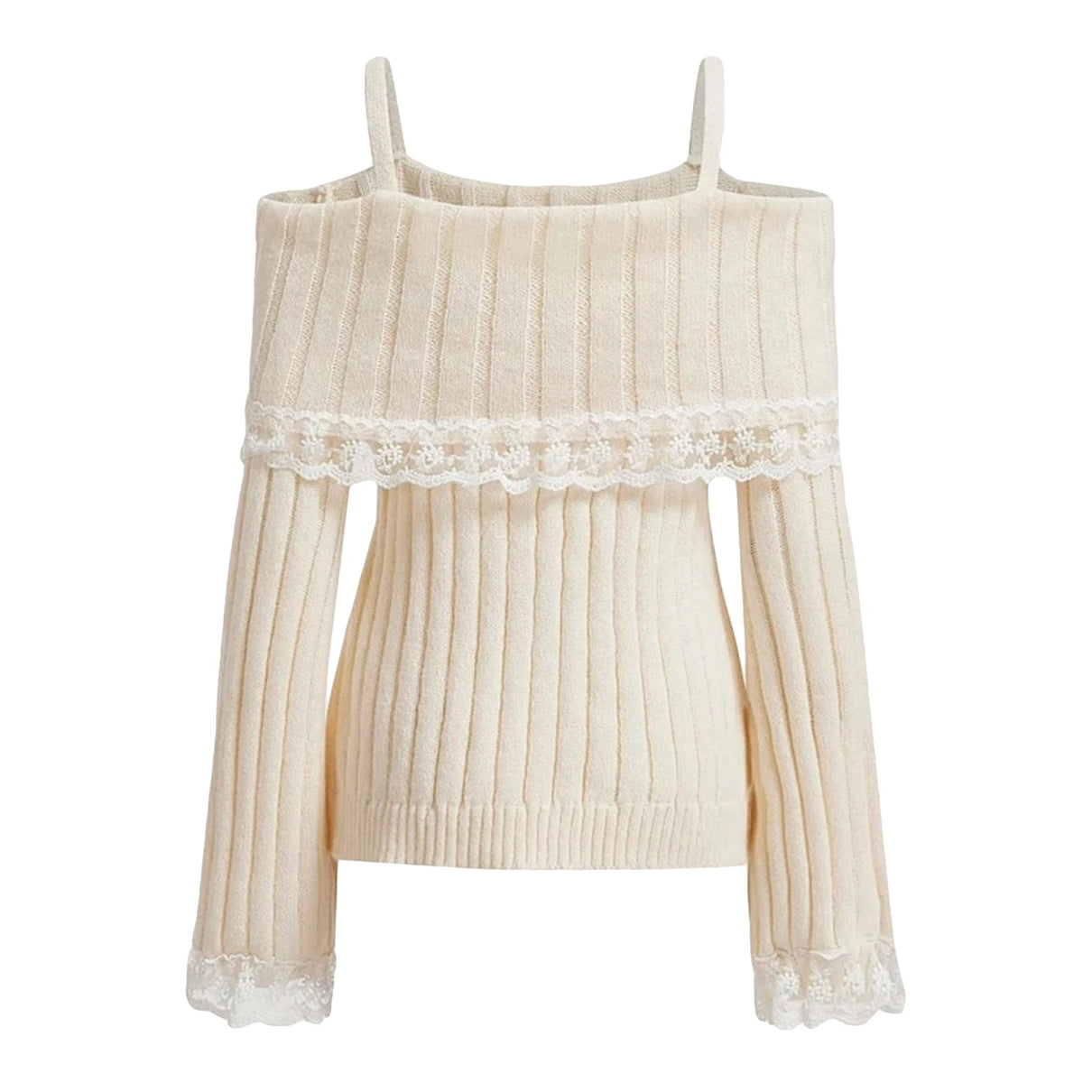 Off-Shoulder Bow Lace Knit Sweater