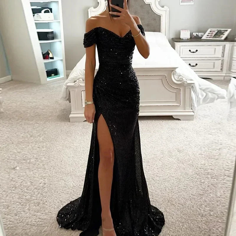 Off-Shoulder Sequin Mermaid Slit Gown
