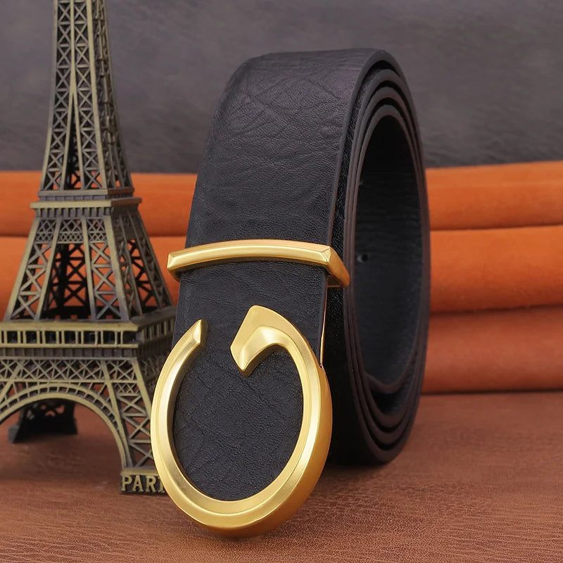 Men's Coffee Leather Belt with Smooth Buckle