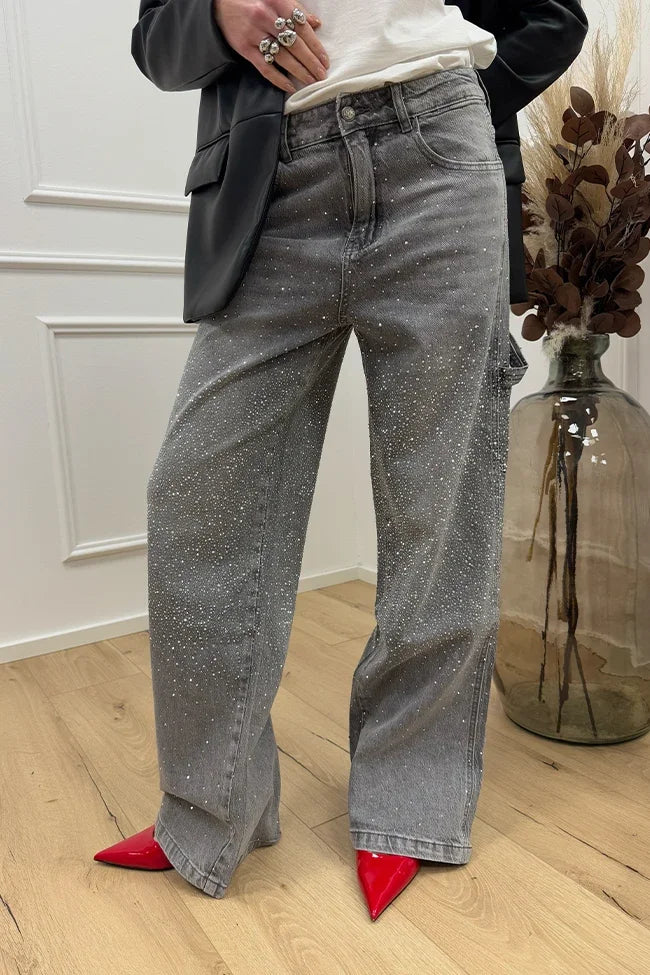 Rhinestone Low Waist Straight Jeans