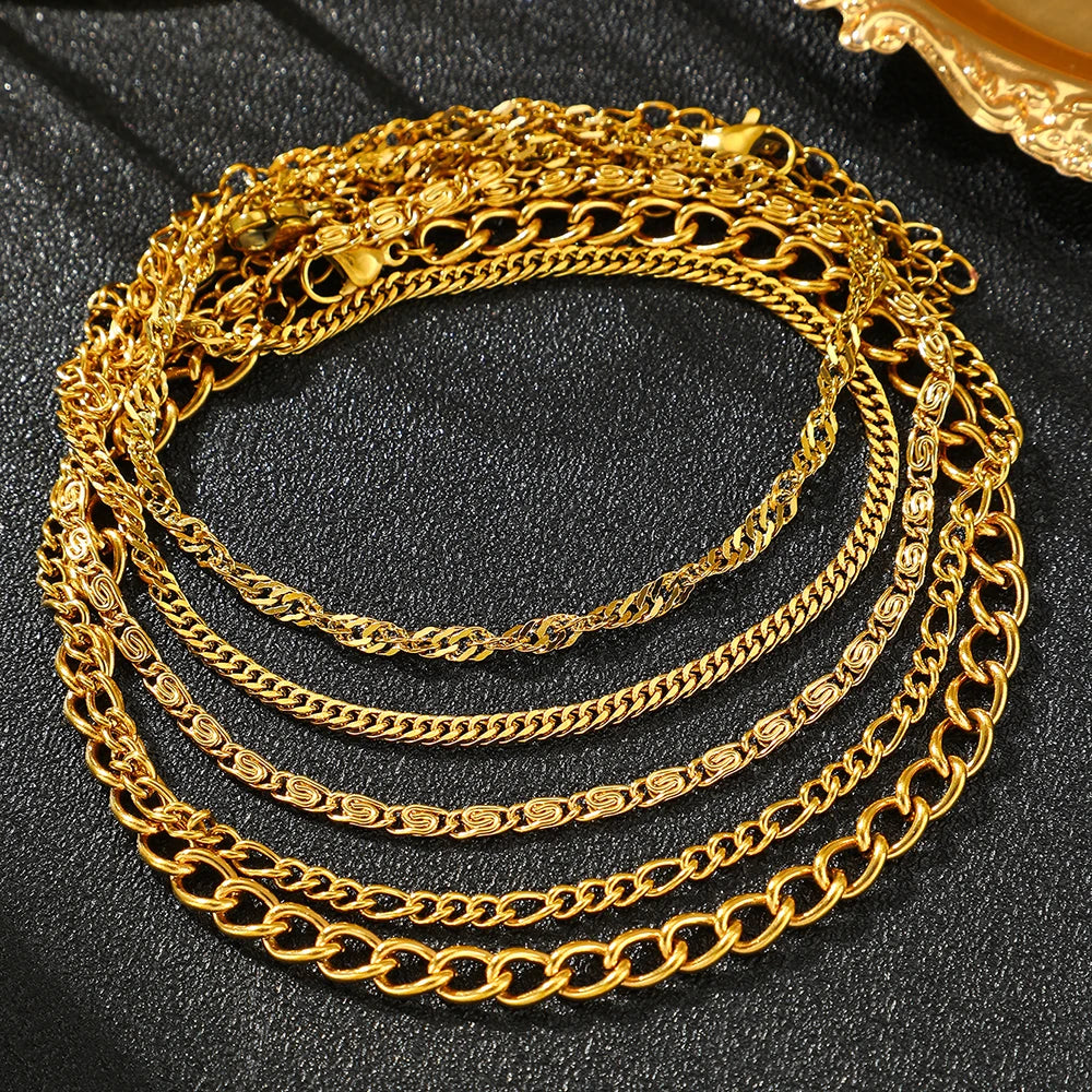 Layered Cuban Chain Anklet Set – 4 Pcs
