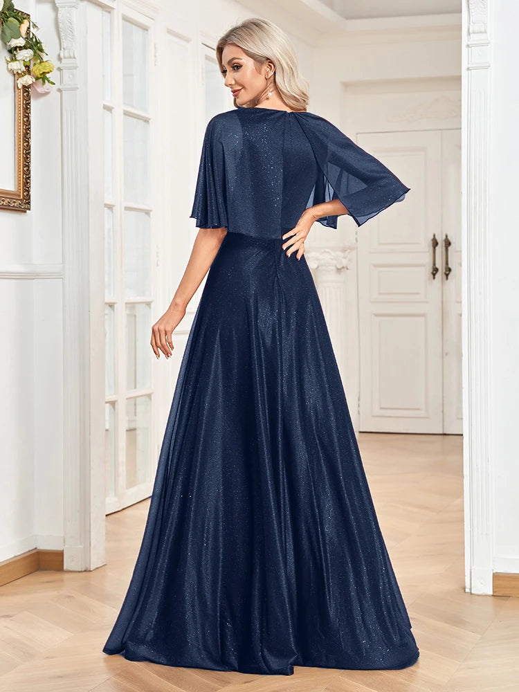 Shimmering Batwing Sleeve A-Line Gown