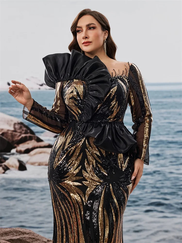Ruffled Sequin Long Sleeve Mermaid Gown (Plus Size)