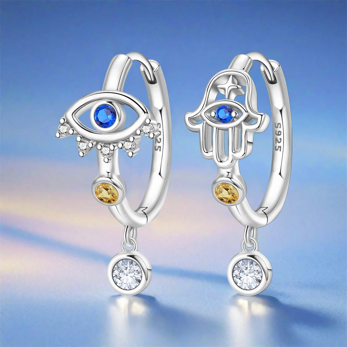 925 Silver Evil Eye Hamsa Drop Earrings