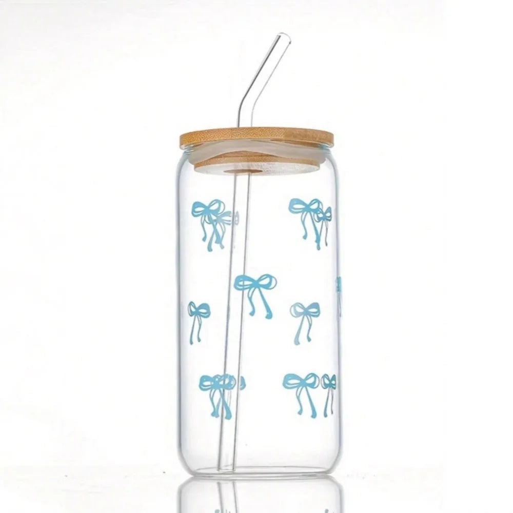 Pink Bow Glass Cup with Lid & Straw 500ml