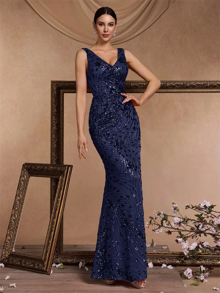 V-Neck Slit Sequin Mermaid Gown