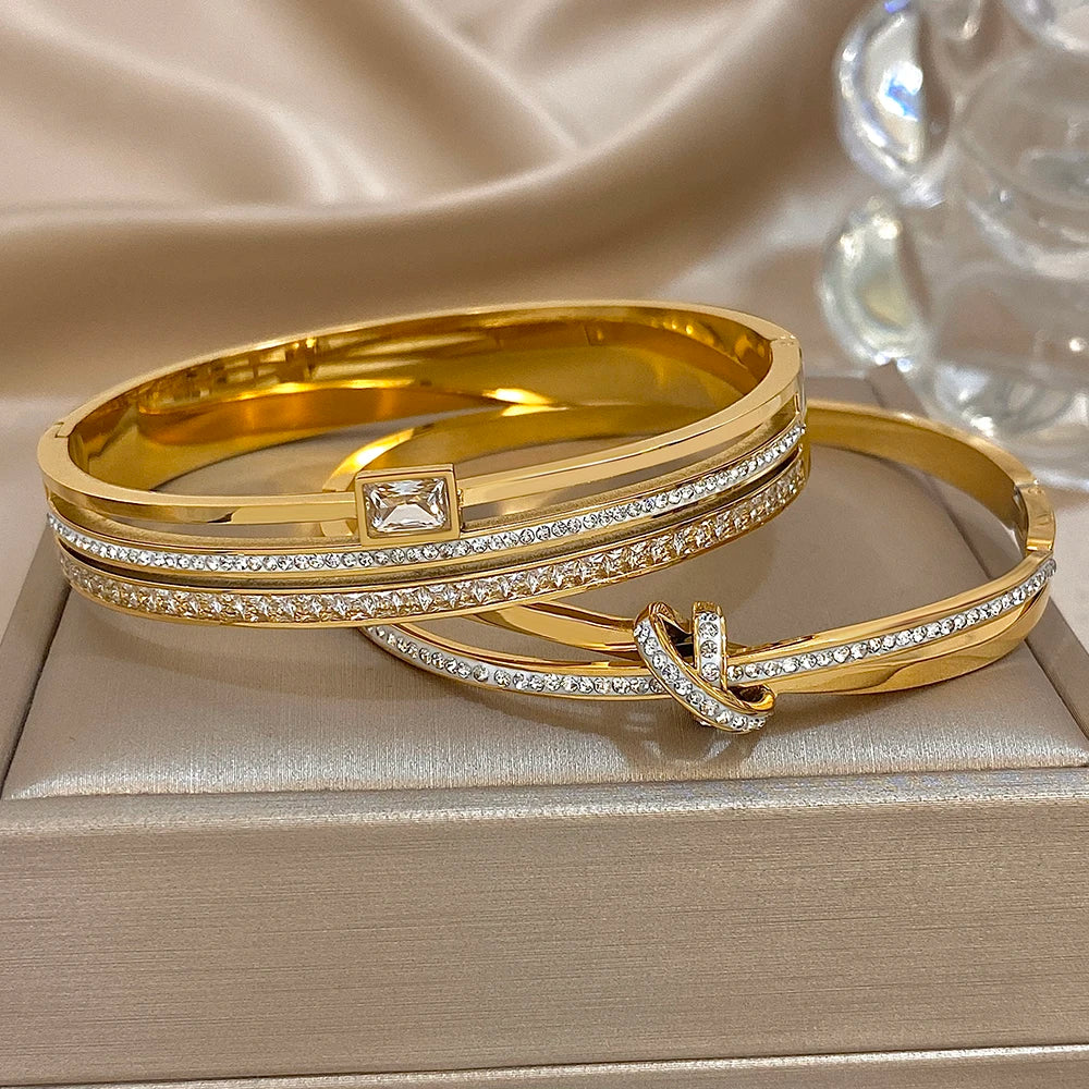 💫 Luxury Stainless Steel Rhinestone Cuff Bracelet Set