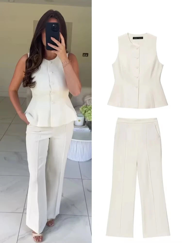 Sleeveless Button Top & Straight Pants Set