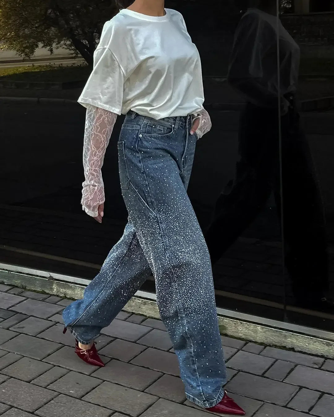 Rhinestone Low Waist Straight Jeans