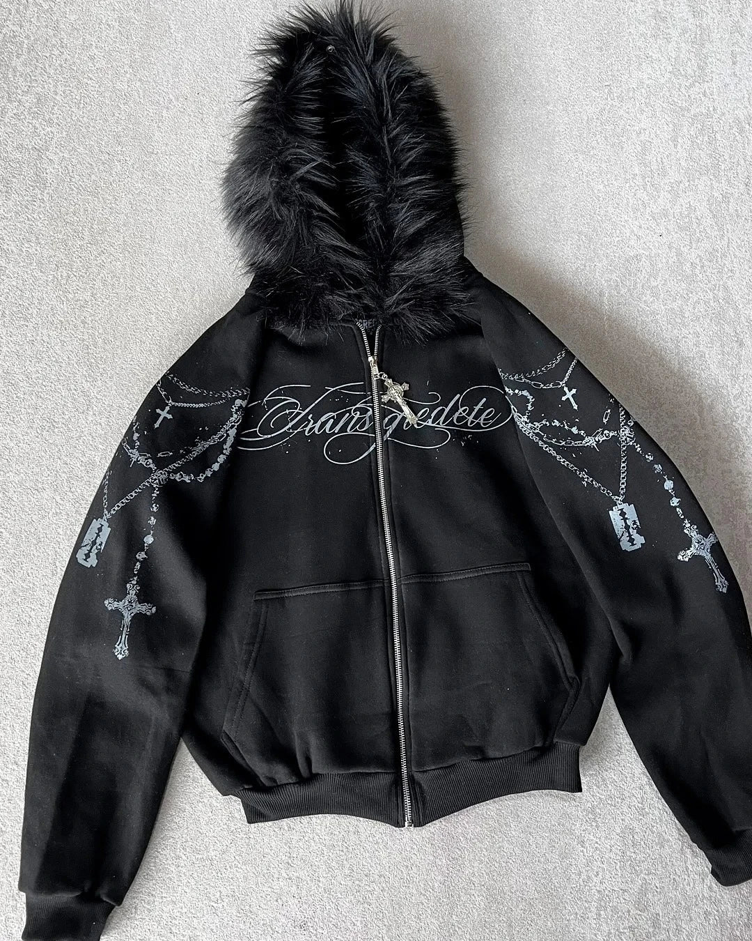 Gothic Print Zip-Up Hoodie