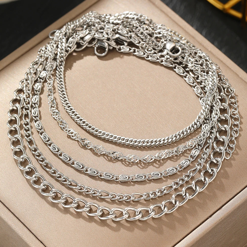 Layered Cuban Chain Anklet Set – 4 Pcs