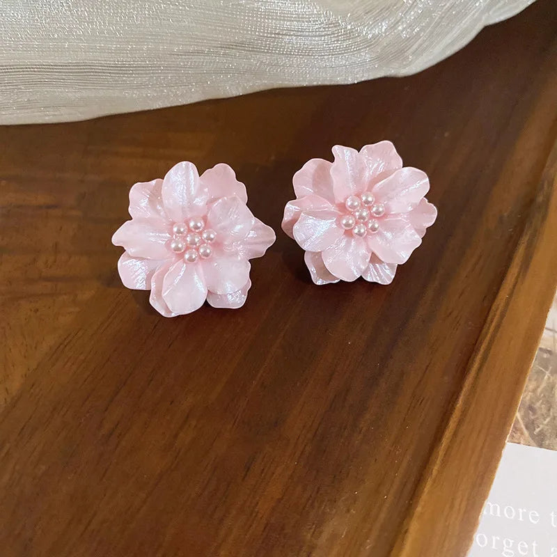 White Camellia Flower Stud Earrings